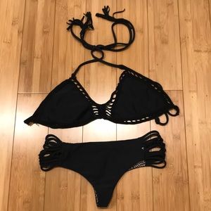 Black 2 piece acacia bikini set. Reversible